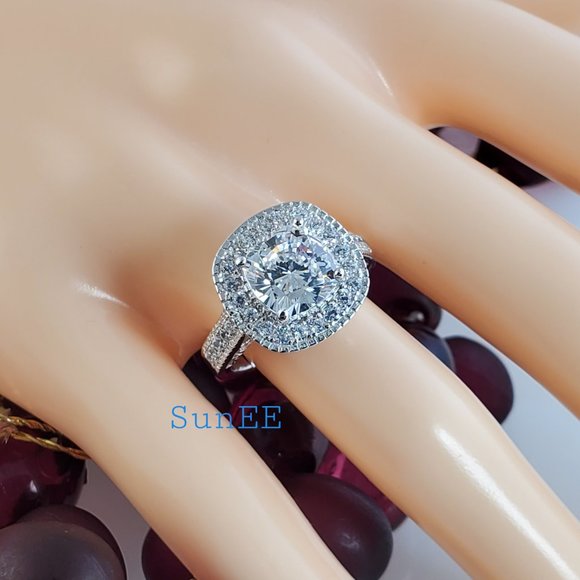 New 925 Halo Cushion Cut Wedding Rings Engagement Ring Set - Picture 5 of 5